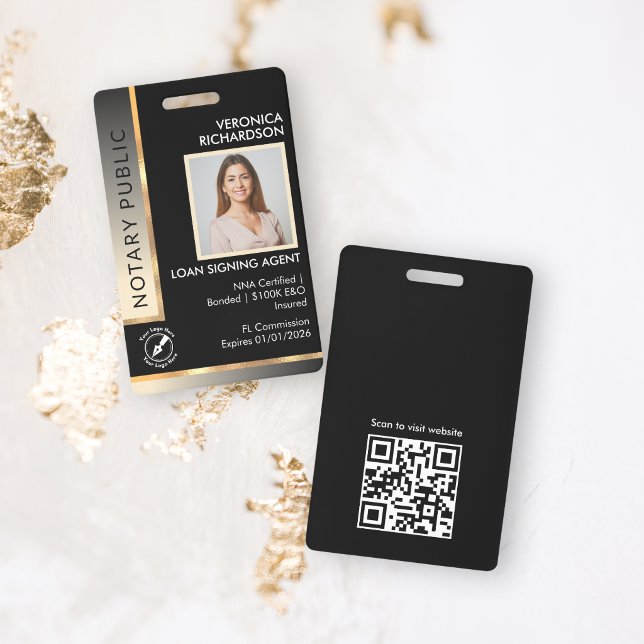 Sleek Black & Gold Cream QR Code Notary Photo ID Badge (Creator Uploaded)