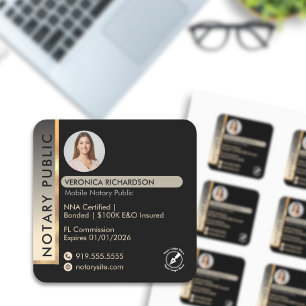 Sleek Black Gold Notary Photo Marketing Logo Square Sticker