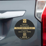Sleek Black Gold Notary Social QR Marketing  Car Magnet<br><div class="desc">Make a statement with this professional abstract black waves and gold notary magnet. The elegant design features flat gold lettering on a black background and features a faux gold icon featuring a set of crossed skeleton key pens. The custom notary QR marketing magnet is easy to personalize before purchase. Message...</div>