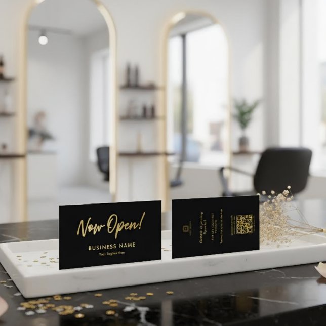 Sleek Black & Gold Script Grand Opening Promo Logo Business Card (Creator Uploaded)
