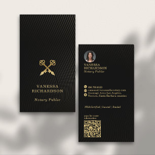 Sleek Black & Gold Wavy Skeleton Key Notary QR  Business Card