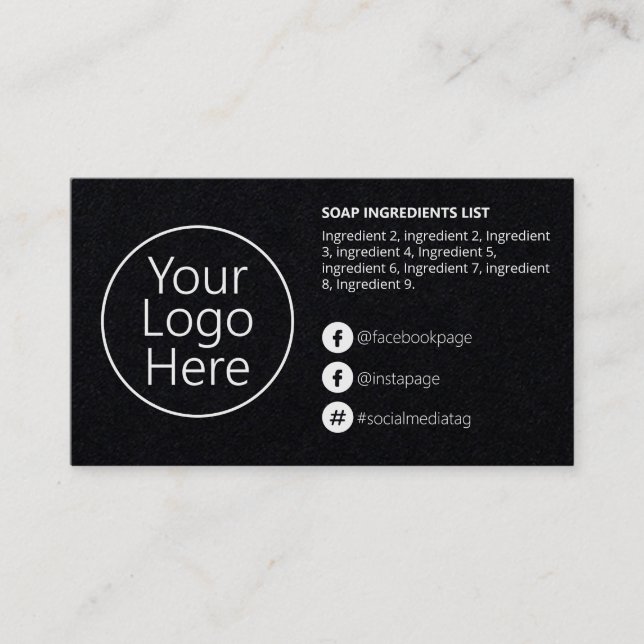 Sleek Black Ingredients Instructions Logo Business Card (Front)
