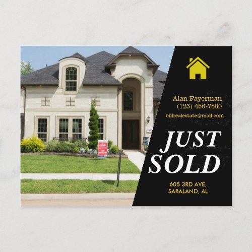 Sleek black Just Sold bold text real estate advert Postcard