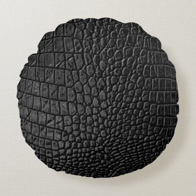 Sleek Black: Leather Texture Elegance Round Pillow (Front)