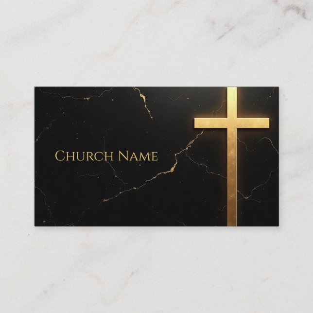 Sleek Black Marble with Golden Cross Business Card (Front)