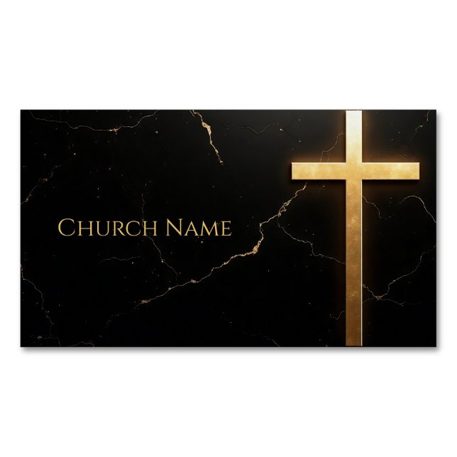Sleek Black Marble with Golden Cross Business Card Magnet (Front)