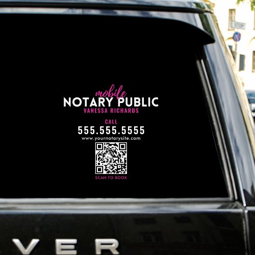 Sleek Black Pink Mobile Notary QR Code Business Window Cling