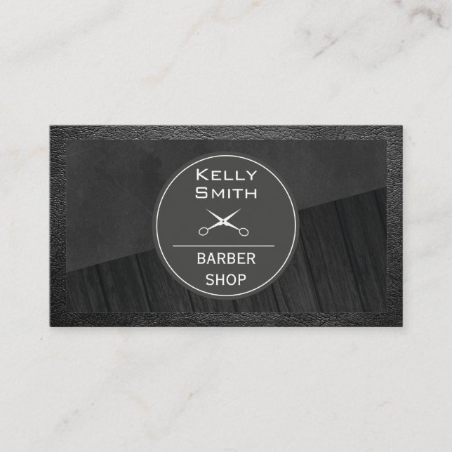 Sleek Black Rich Dark Wood | Leather Frame Business Card (Front)