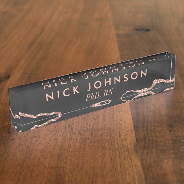 Sleek Black Rose Gold Agate Luxury Title Desk Name Plate (Side)