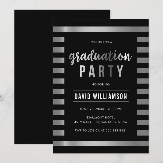 Sleek Black & Silver Stripes Graduation Party Invitation (Front/Back)