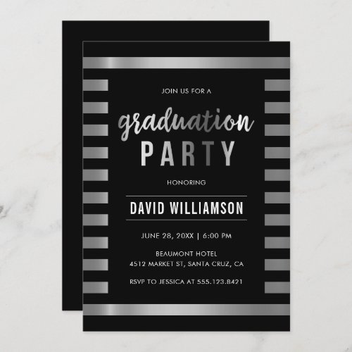 Sleek Black  Silver Stripes Graduation Party Invitation