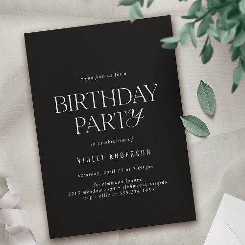 Sleek Black  Simple Modern Any Age Birthday Invitation