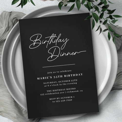 Sleek Black Typography  Elegant Birthday Dinner Invitation