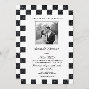 Sleek Black & White Glitter Checkerboard Wedding Invitation