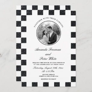 Sleek Black & White Glitter Checkerboard Wedding Invitation