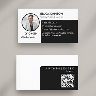 Sleek Black   White Minimal Modern Notary Photo QR Business Card