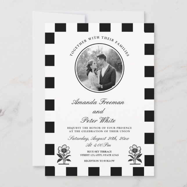 Sleek Black & White Photo Checkerboard Wedding Invitation (Front)