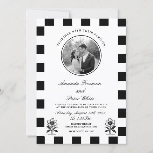 Sleek Black & White Photo Checkerboard Wedding Invitation