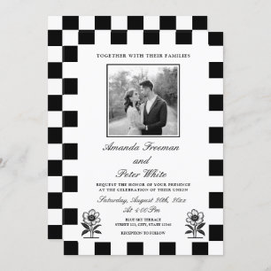 Sleek Black & White Photo Checkerboard Wedding Invitation