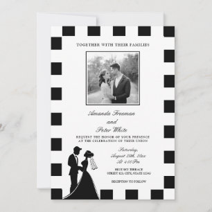 Sleek Black & White Photo Checkered Couple Wedding Invitation