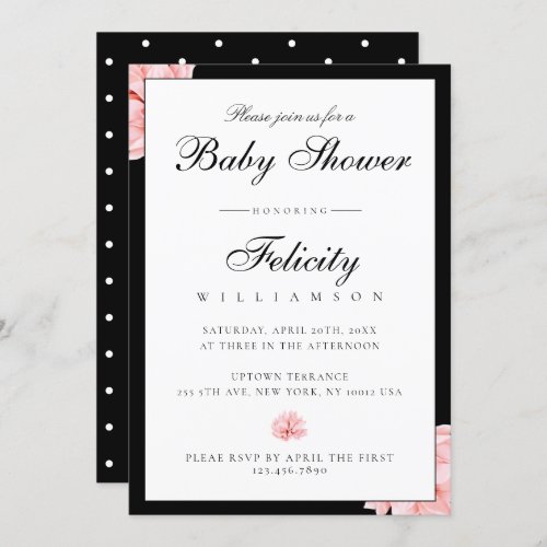 Sleek Black White Polka Dots Floral Baby Shower Invitation