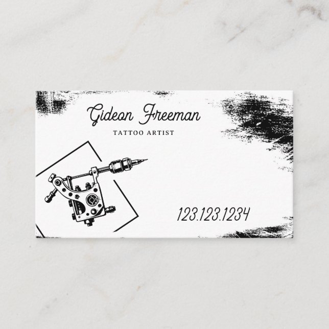 Sleek Black & White Tattoo Machine Business Card (Front)