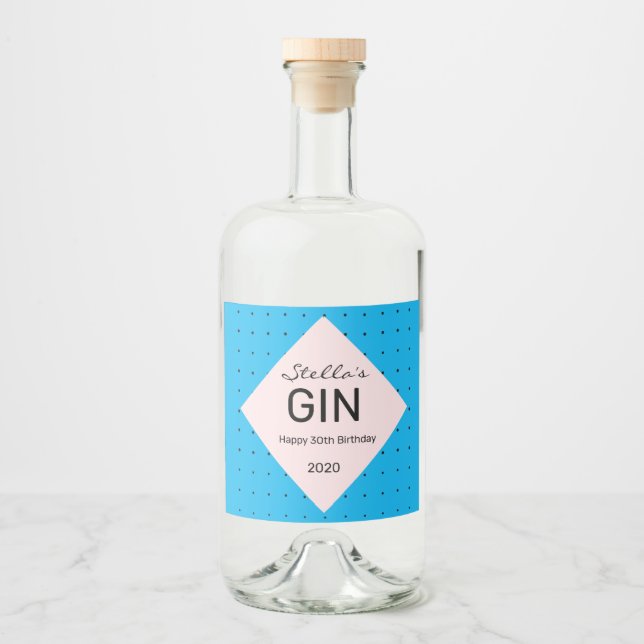 Sleek blue personalized gin bottle label (Front)