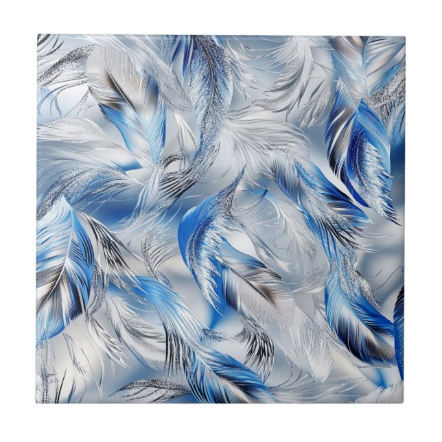 Sleek Blue Silver Feather Pattern Modern Art Ceramic Tile (Front)