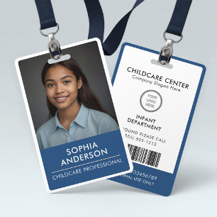 Sleek Blue & White Modern Minimalist Childcare ID Badge