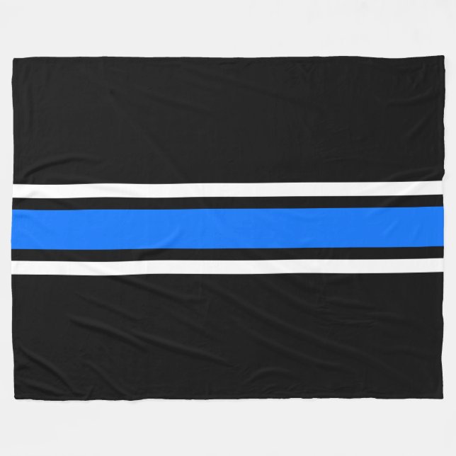 Sleek Bright Blue White Racing Stripes On Black Fleece Blanket (Front (Horizontal))