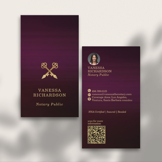Sleek Burgundy Gold Crossed Pen QR Code Notary Business Card (Creator Uploaded)