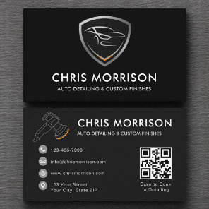 Sleek Car Detailing Shield QR Code Professional Business Card