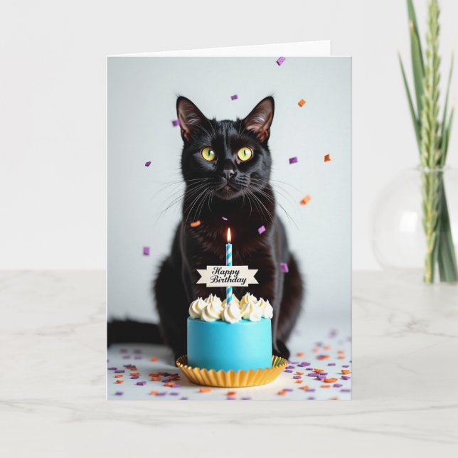Sleek Cat Cake Birthday Card (Front)