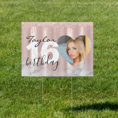 Sleek Chic 16th Birthday Photo Script Pink Yard Sign