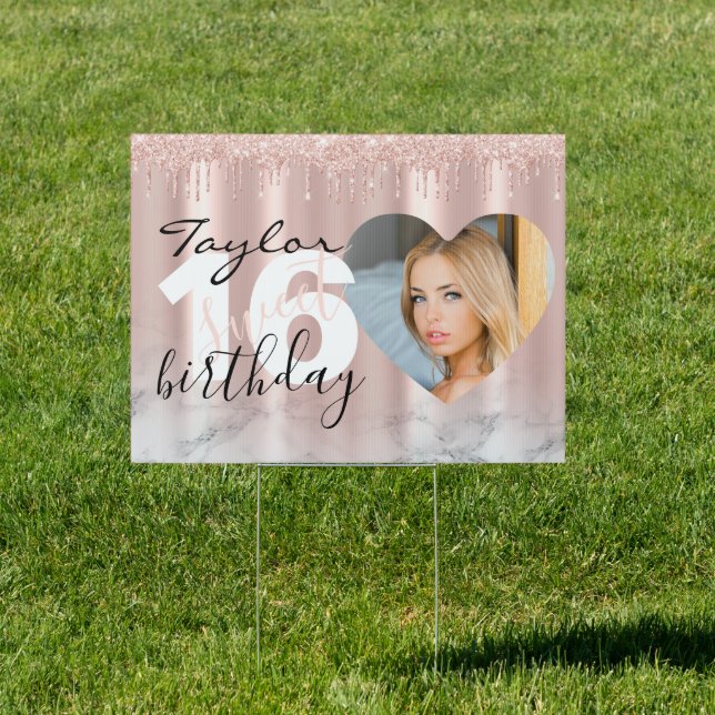 Sleek Chic 16th Birthday Photo Script Pink Yard Sign (Insitu)
