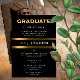 Sleek College Univ Black Gold Graduation Party Invitation