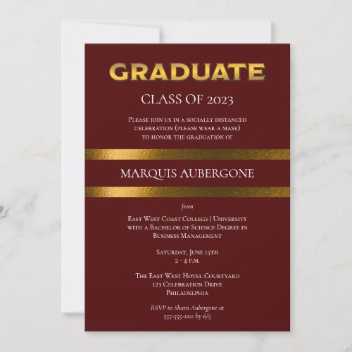 Sleek College  Univ Maroon Gold Graduation Party Invitation