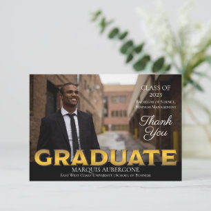 Sleek College Univ Photo Graduate Black Gold Thank You Card