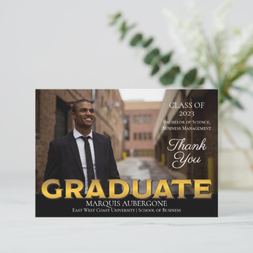 Sleek College  Univ Photo Graduate Black  Gold Thank You Card