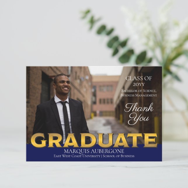 Sleek College | Univ Photo Graduate Blue | Gold Thank You Card (Standing Front)