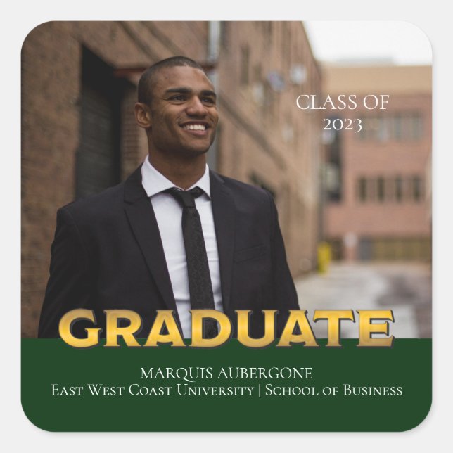 Sleek College | Univ Photo Graduate Green | Gold Square Sticker (Front)