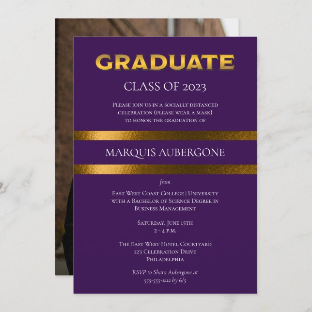 Sleek College | Univ Purple| Gold Graduation Party Invitation (Front/Back)