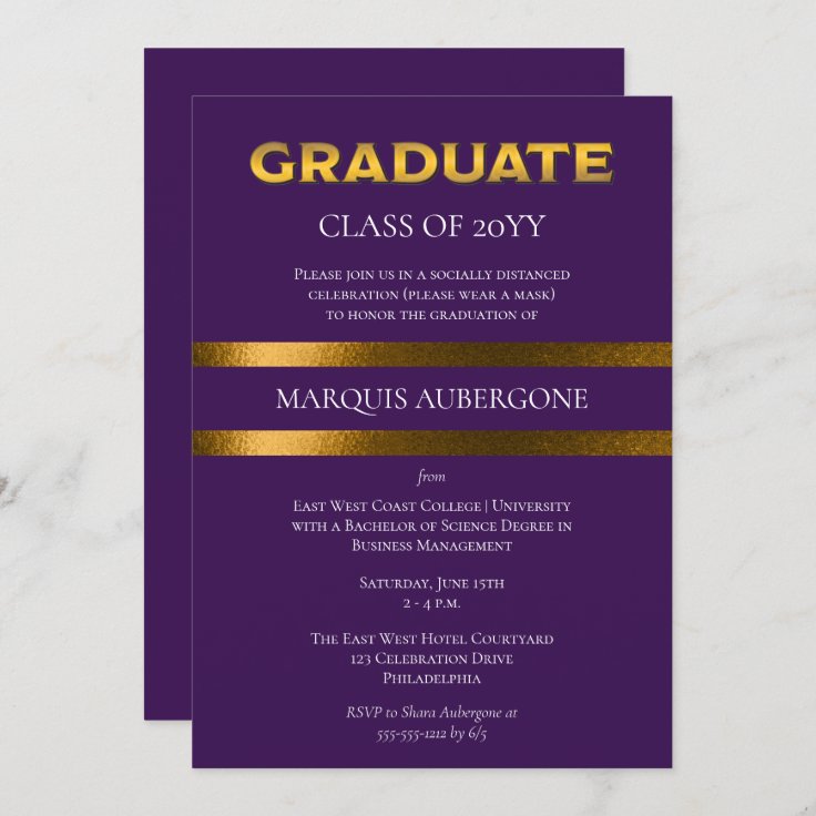 Sleek College Univ Purple Gold Graduation Party Invitation Zazzle
