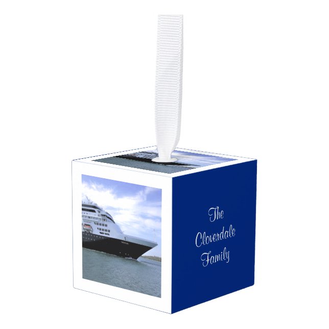 Sleek Cruise Ship Bow Personalized Dated Cube Ornament (Front Angled)
