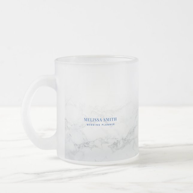 Sleek customizable text on marble transparent frosted glass coffee mug (Left)