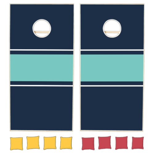 Sleek Deep Navy Aqua Teal White Racing Stripes Cornhole Set