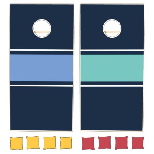 Sleek Deep Navy Blue Aqua White Racing Stripes Cornhole Set