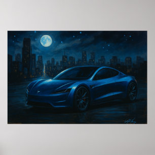 Sleek Electric Car Under Full Moon Poster