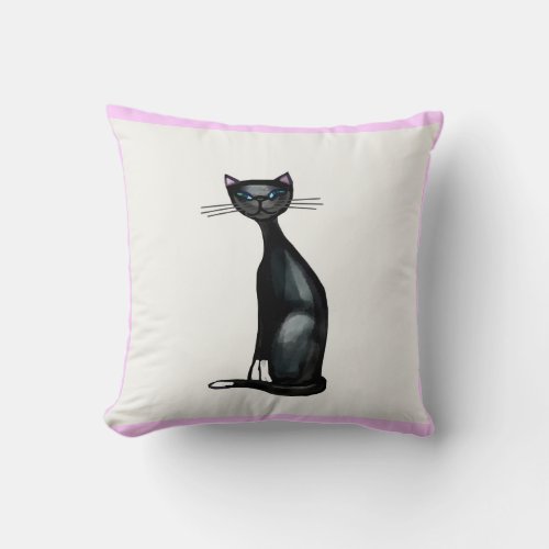 Sleek elegant black and white cat smiling throw pillow