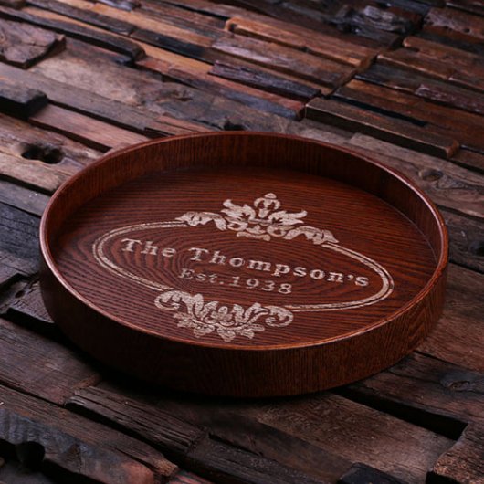 Sleek Engraved Round Natural Wood Serving Tray (Top)